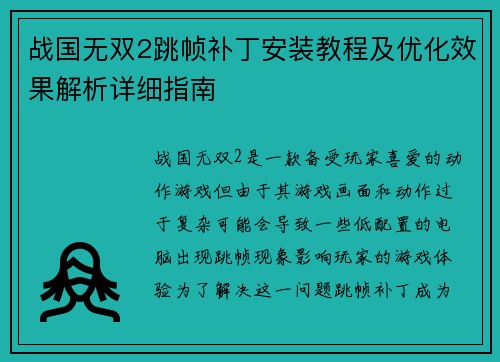 战国无双2跳帧补丁安装教程及优化效果解析详细指南