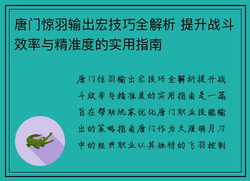 唐门惊羽输出宏技巧全解析 提升战斗效率与精准度的实用指南